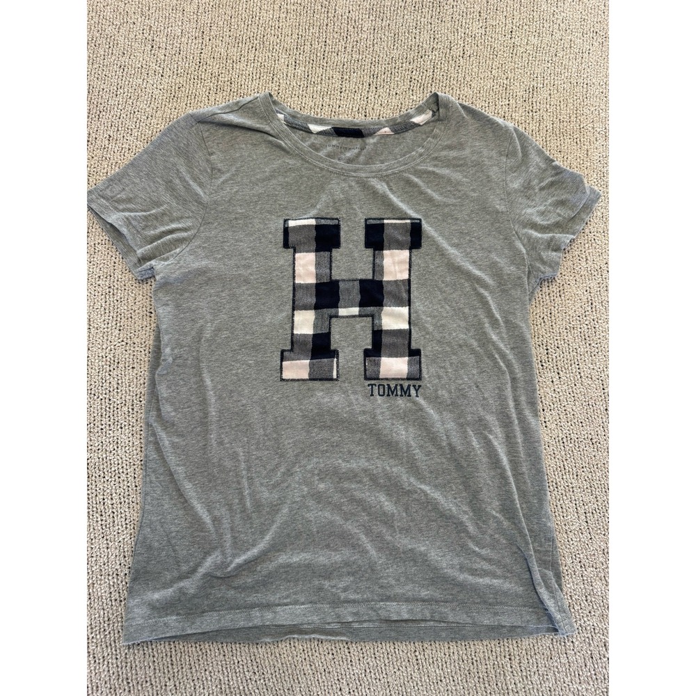 Tommy Hilfiger Womens Heather Gray Plaid H Logo Graphic T-Shirt Medium